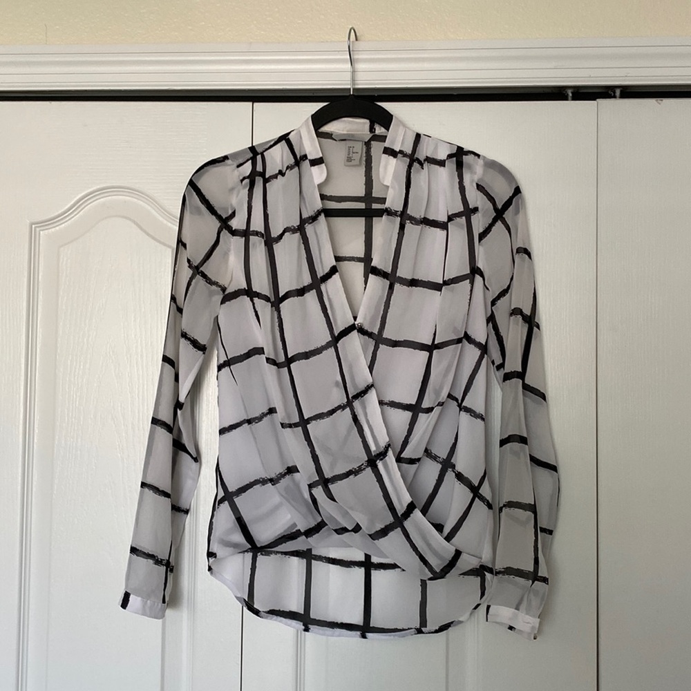 H&M White and Black Grid Wrap Blouse